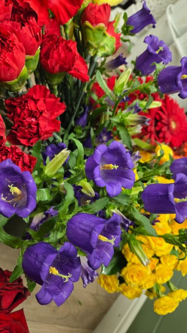 Vibrant bouquet featuring red roses, yellow flowers, and purple bell-shaped blooms.
